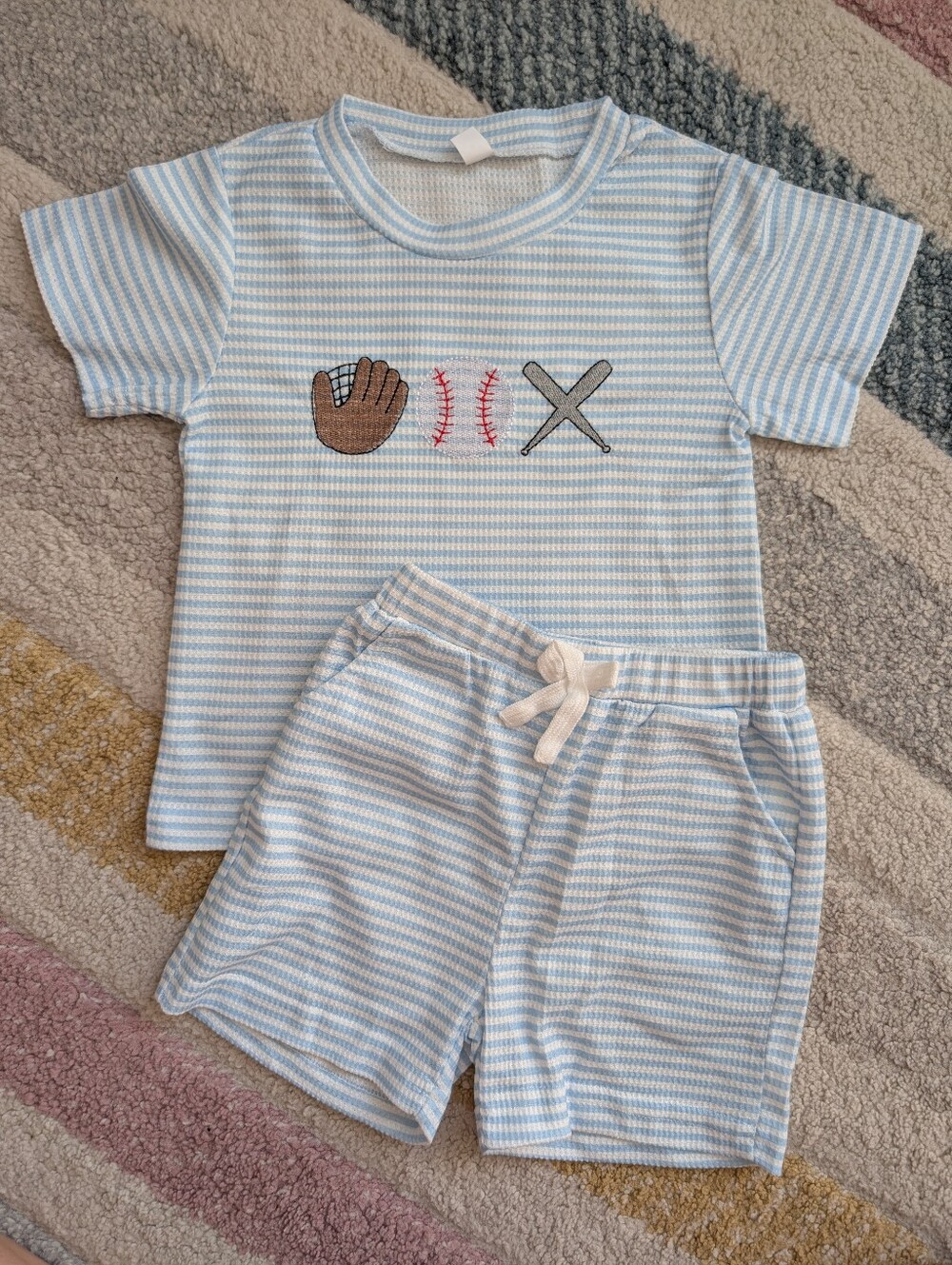 2-3 Year Toddler Boys Blue Striped Kid Matching Set w Baseball Embroidery Motif